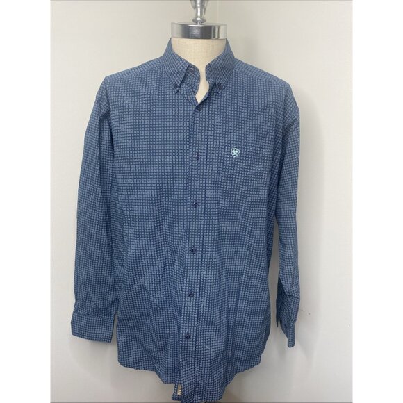 Ariat BUtton Down Shirt Navy Blue Print Western Cowboy Long Sleeve Men’s XL - Picture 1 of 7